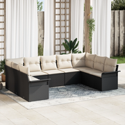 Set di divano da giardino da 9 pezzi con cuscini neri in rattan sintetico