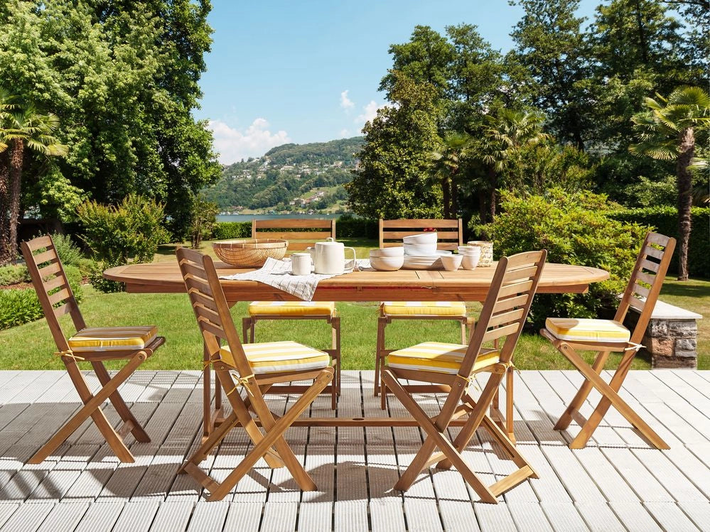 Set di 6 cuscini per sedie da esterno giallo e bianco 31 x 39 cm giardino terrazzo tessuto resistente