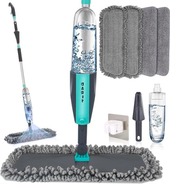 Asciugamano Spray per Pulizia del Pavimento - Bagnato/Secchio - Rotazione 360 Gradi - Polvere Casa Cucina - Pavimento in Legno Duro - Mop Pianale - Fusto Ricaricabile 360ML - 4 Pannelli Microfibra - Scopa per Pavimenti