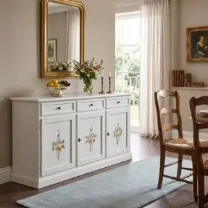 Credenza madia buffet in legno Shabby chic 3 ante mod Martini bianca decorata