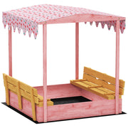 Sabbiera per Bambini 3-6 Anni 134,5x127,5x130 cm con Tettuccio Fenicotteri Sedute Pieghevoli Coperchio e Fodera in Legno