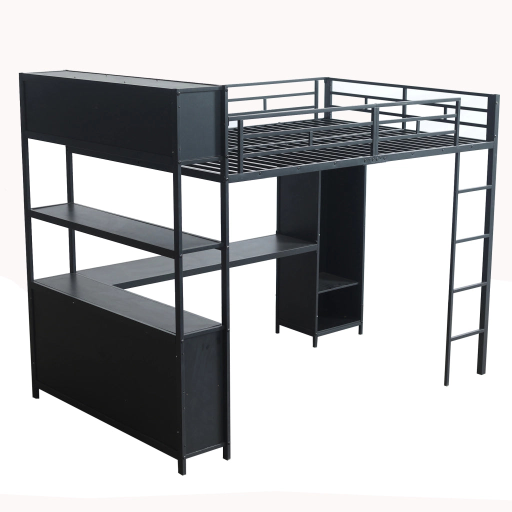 OKWISH Letto a Soppalco 140×200 cm, Letto Matrimoniale con Scrivania, Doppio Spazio Contenitore, Armadio e Vano Contenitore, senza Materasso, Nero