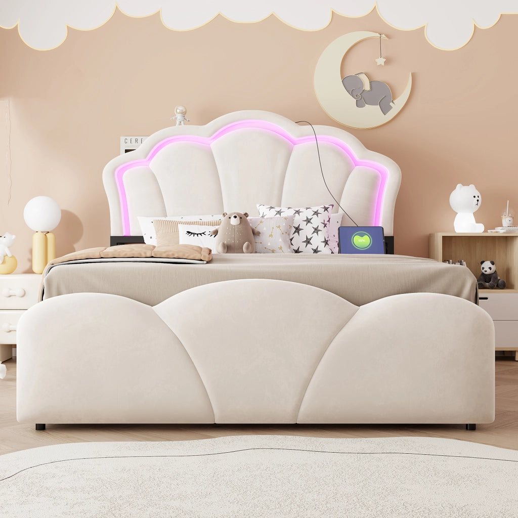 LETTO Contenitore 140x200 cm Beige in Velluto con LED e prese integrate