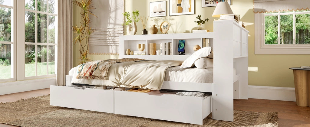 DESMIU Divano letto 140 × 200 cm 2 posti con 2 cassetti, presa di corrente e 2 porte USB, senza materasso, bianco