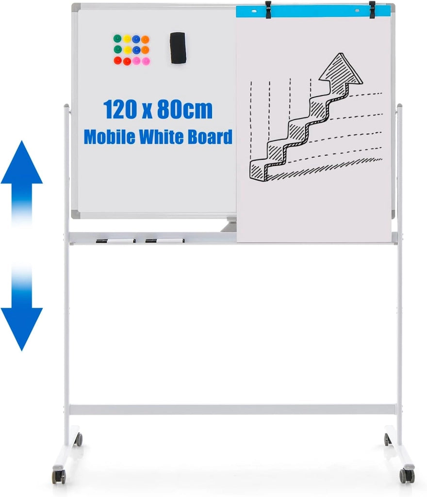 Lavagna bianca mobile, lavagna bifacciale 48 x 32 pollici con pennarelli neri, gomma, magneti, 4 rotelle bloccabili, lavagna bianca reversibile regolabile in altezza (Nero)