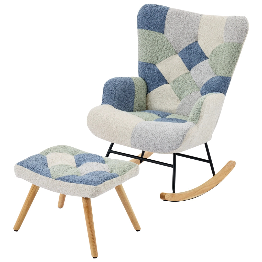 Poltrona a Dondolo con Pouf 122x68x91 cm Beige e Blu Pied-de-Poule; Portata 110 kg