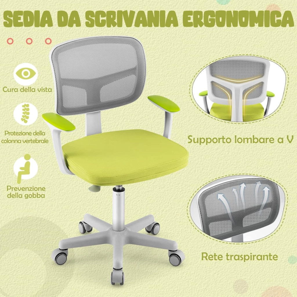 Sedia per Scrivania per Bambini, Sedia per Computer per Bambini con Altezza Regolabile, Ruote con Freni, Sedile Girevole a Rete, Sedia Ergonomica per Bambini 3-10 Anni (Verde)