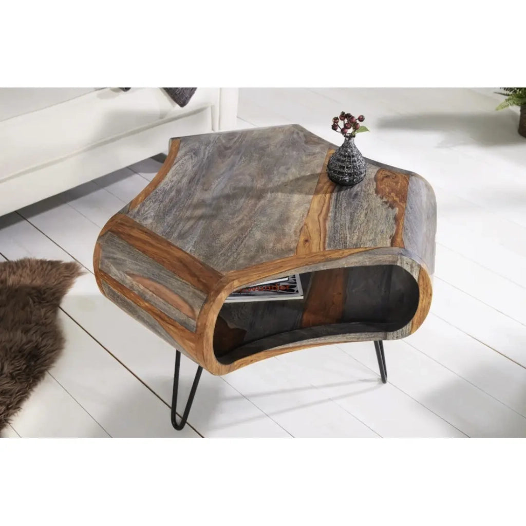 Tavolino basso NERA 70 cm in legno massiccio di Sheesham marrone e grigio con nicchia – stile retro industriale