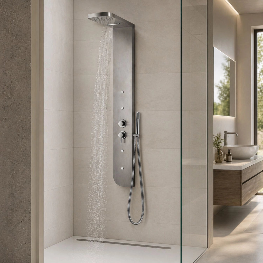 Colonna doccia acciaio inox 4 funzioni getto a cascata 4 bocchette idro lombari l20xp50xh150 005 *** finitura- spazzo...
