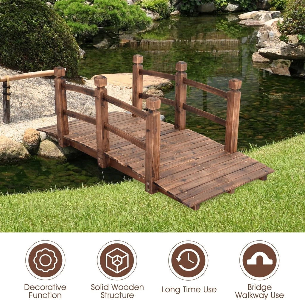 Ponte da Giardino in Legno di Abete Carbonizzato con Ringhiere, Ponticello Calpestabile per Giardino e Stagno Portata 100 kg, 150 x 67 x 55 cm, Marrone