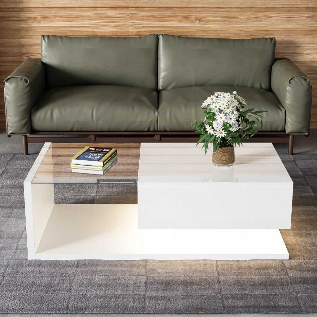 OKWISH Tavolino da Salotto Rettangolare con Vano Portaoggetti e LED, Finitura Lucida, per Soggiorno, 105 x 55 x 32.5 cm, Bianco