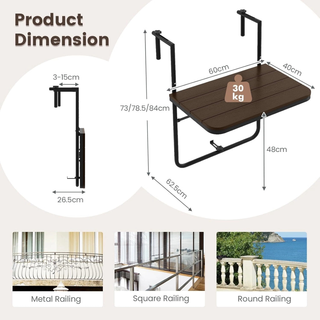 Tavolino Pieghevole da Balcone Nero/Marrone, Tavolo Tavolino da Ringhiera Salvaspazio Altezza Regolabile Struttura in Metallo, 72,5x64x60 cm (Marrone)
