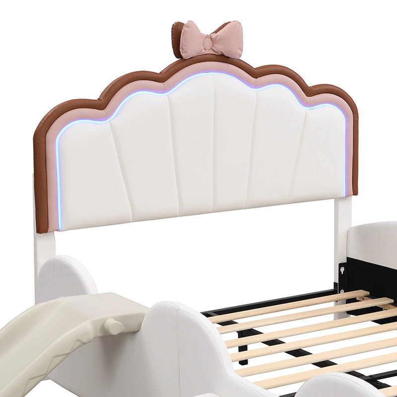 OKWISH Letto Bambini 140×200 cm, Letto Singolo con LED Multicolore, Scivolo e Scala, senza Materasso, in PU e MDF, Rosa e Bianco