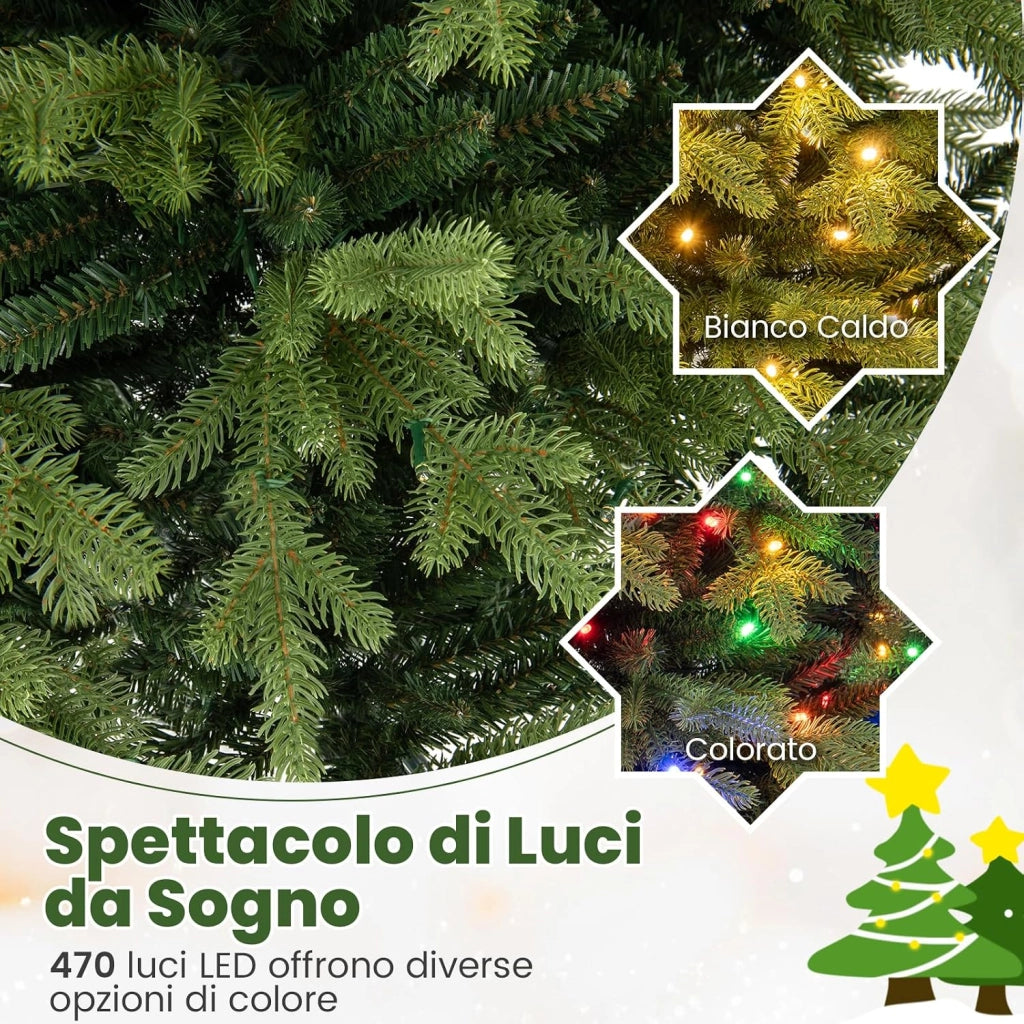Albero di Natale 210 cm, Albero di Natale Pre-illuminato on Cerniera con 470 Luci a LED Multicolori e Bianco Caldo, 11 Modalità di Illuminazione, 1646 Rami (210 CM)