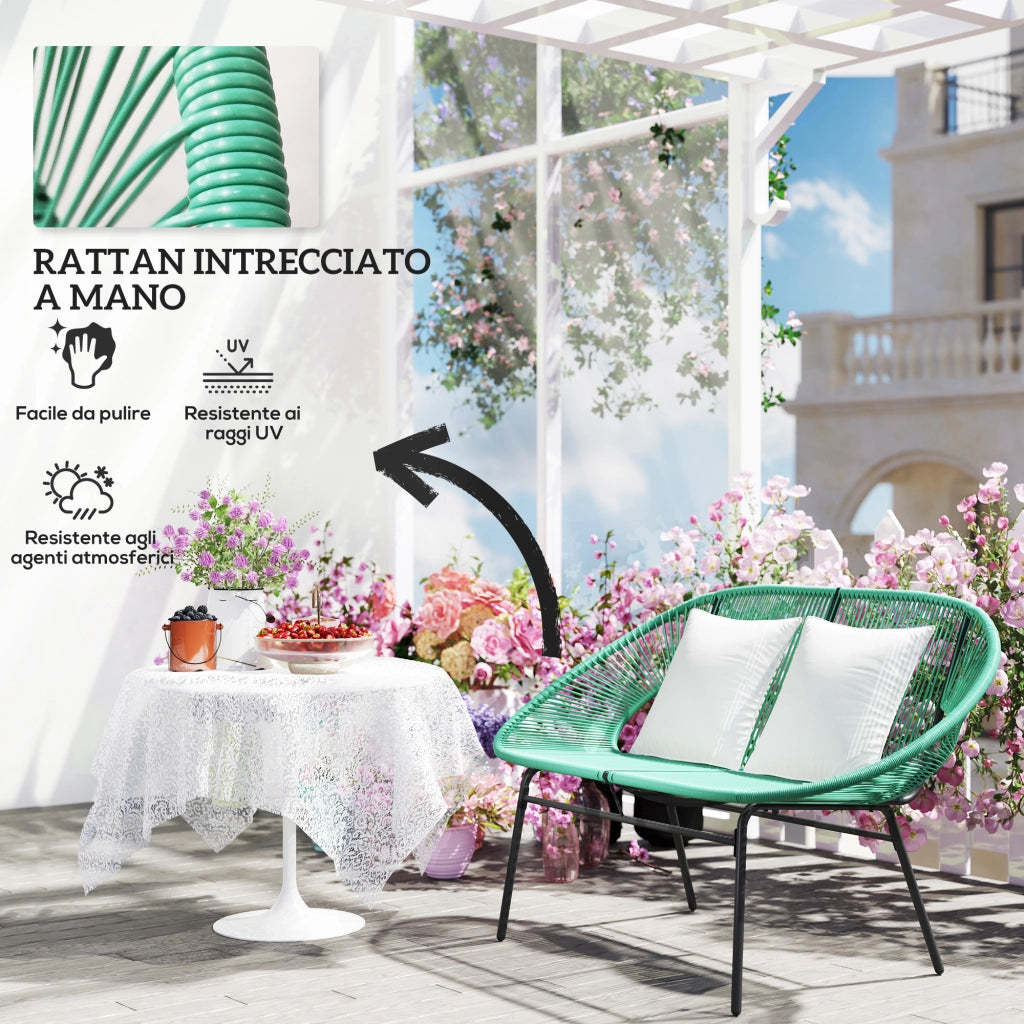 Divano da Giardino 2 Posti in Rattan PE e Acciaio con Cuscini e Braccioli, 132x72x83 cm, Verde