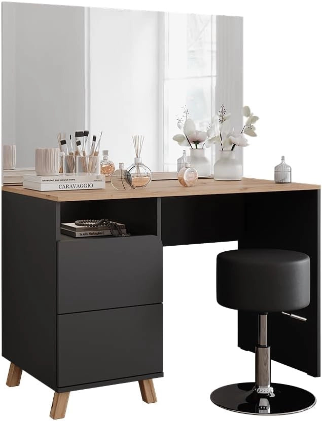 Tavolo da toeletta Karen, Antracite/Artisan, 110 cm con sgabello, Materiali robusti per un utilizzo duraturo