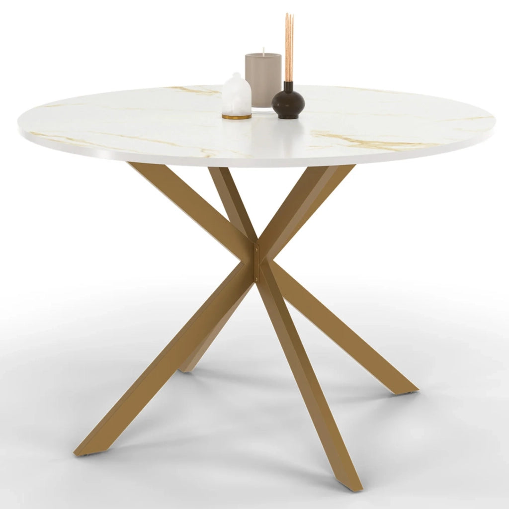 IDMarket - Tavolo da pranzo rotondo per 6 persone ALIX con gamba a ragno in ottone e piano ALASKA 110 cm effetto marmo oro