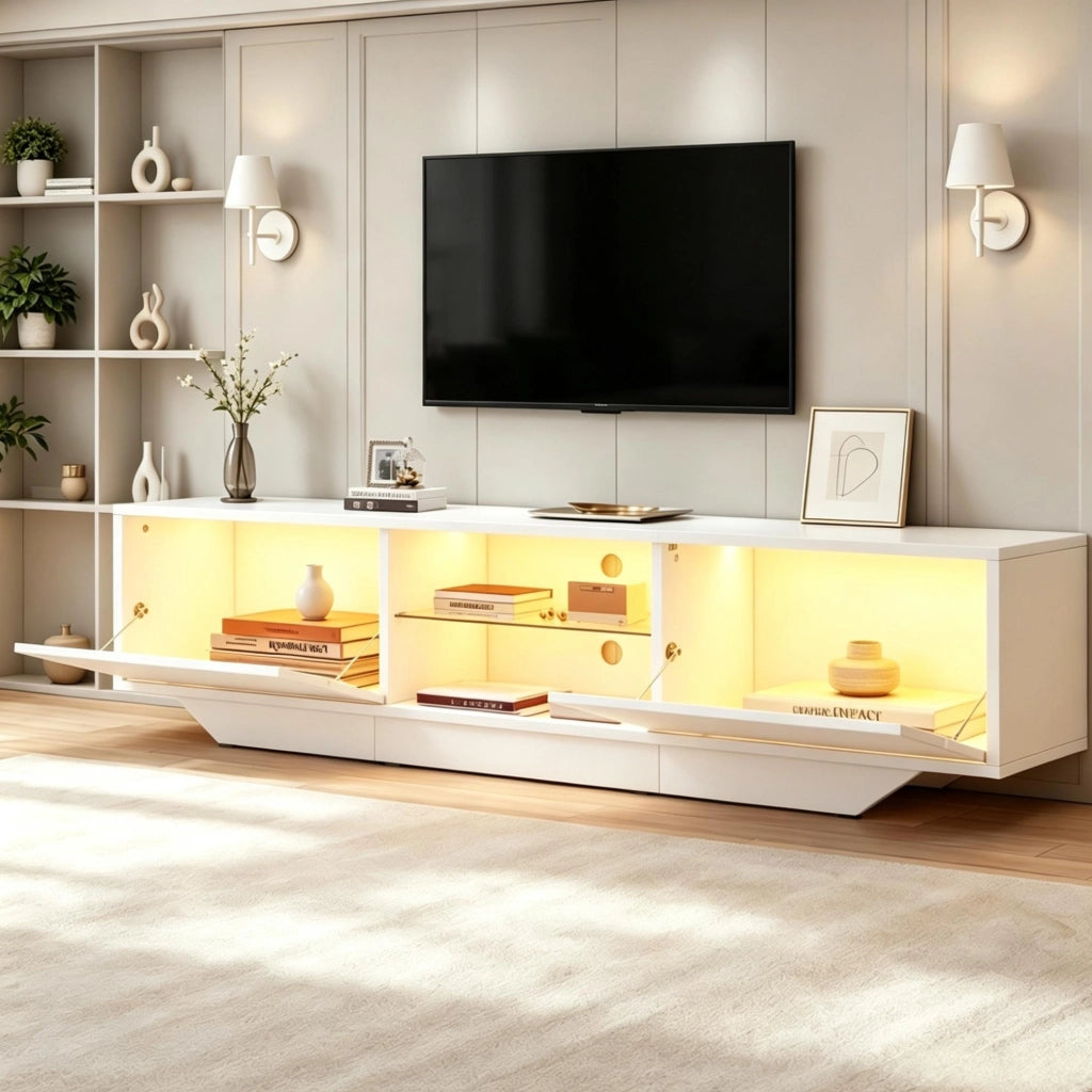 Mobile TV 160x35x44.5 cm con illuminazione RGB; ripiani interni; in truciolare; bianco