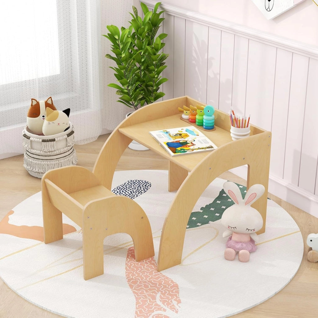 Set Tavolo e Sedie per Bambini 3+ Anni, Tavolino Legno con Sedie per Cameretta con Bordo Curvato e Ampio Piano, Mobile Salvaspazio per Camera da Letto, Soggiorno e Asilo (Naturale)