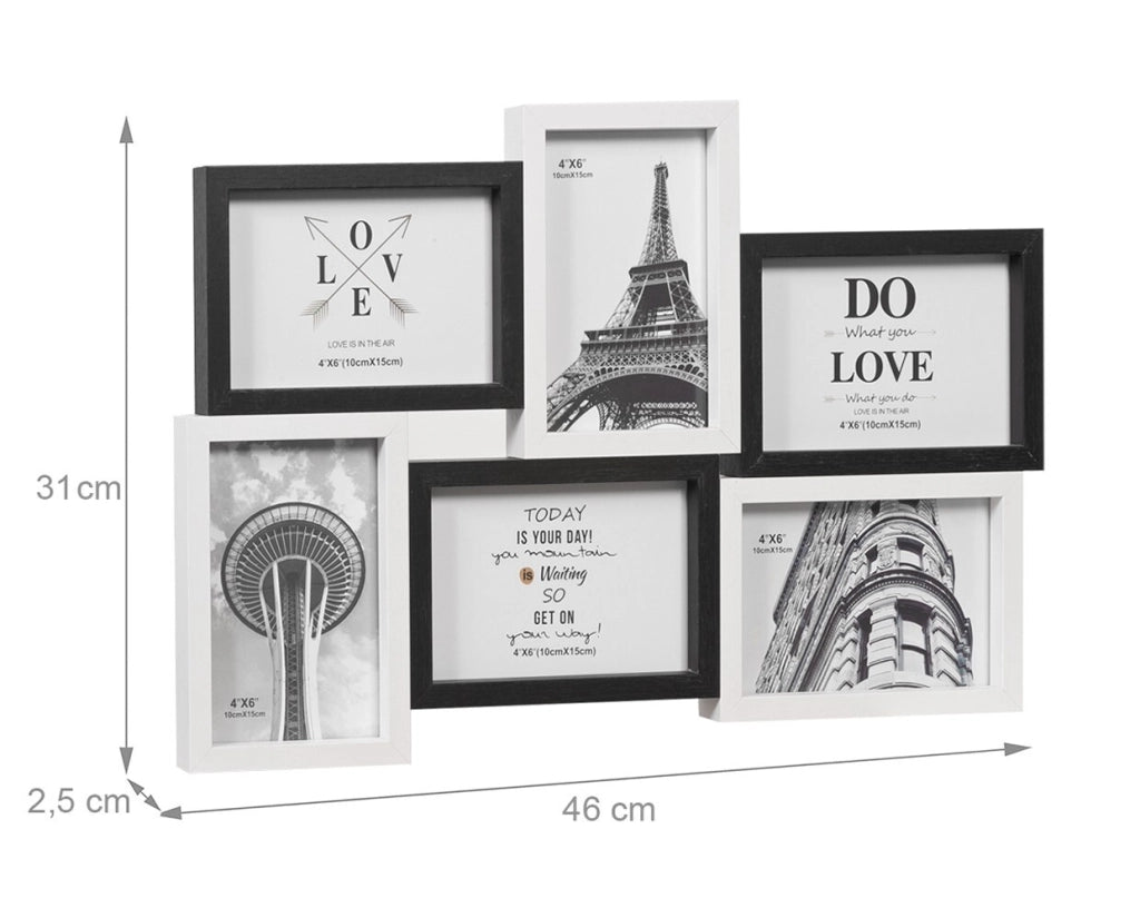 Cornice Portafoto Multipla Mosaico Legno MDF Parete Bianco Nero 6 Foto Da 10x15 Cm