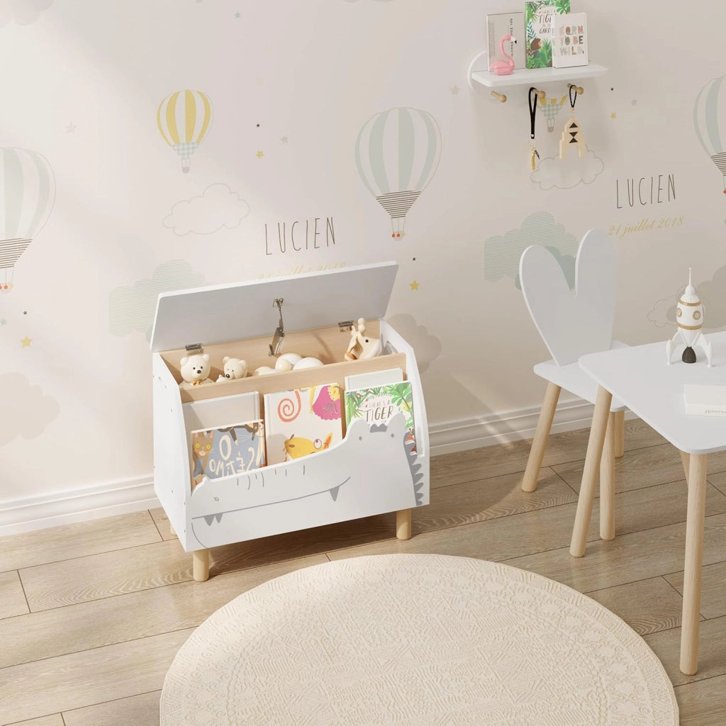 Panca Contenitore per Bambini, Contenitore Porta Giocattoli in Legno a Coccodrillo, Cassapanca con Scomparto Chiuso e Aperto, Bianco, 49,5x30x44,5cm