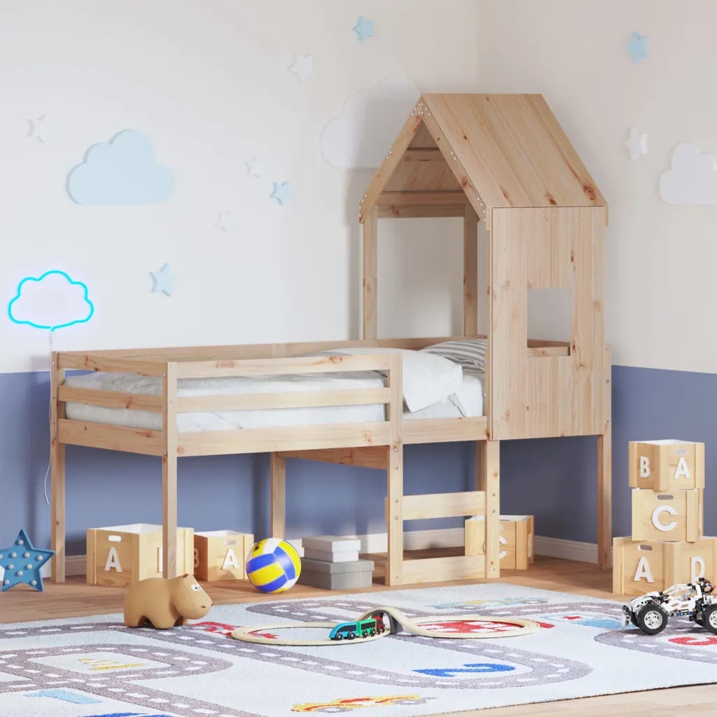 Letto a Soppalco con Tetto 90x200 cm in Legno di Pino