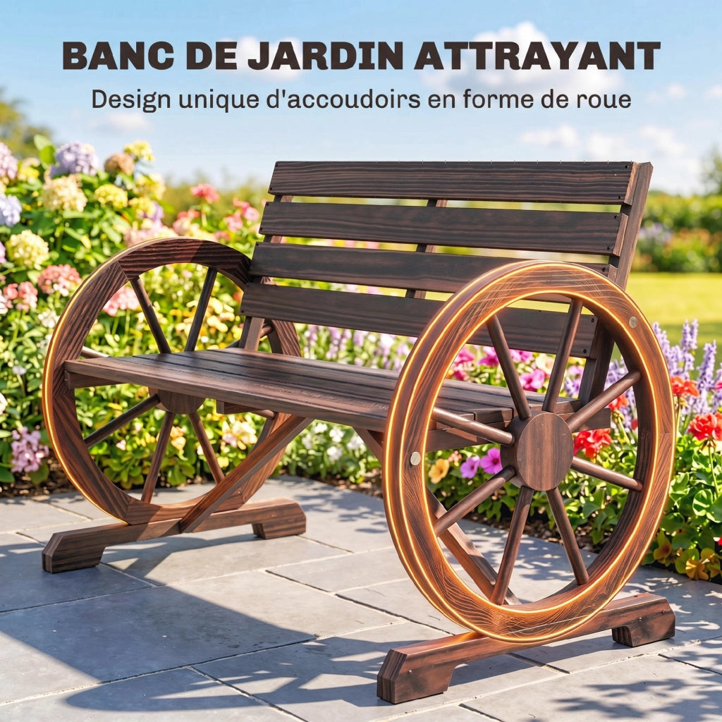 Panchina da Giardino da 2 Posti con Braccioli a Ruota, Panchina da Esterno a Doghe in Legno di Abete, Stile Country, 105.5x59x75 cm, Marrone