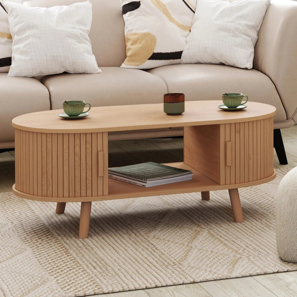 Tavolino ovale ROMIE, 100 cm, 2 ante scorrevoli, doghe in legno color rovere