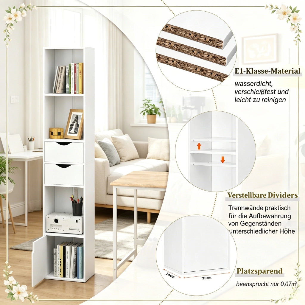 Libreria con 3 vani aperti, 2 cassetti e 1 anta, ripiani regolabili, per soggiorno e ufficio, bianco, 30 × 157,5 × 24 cm