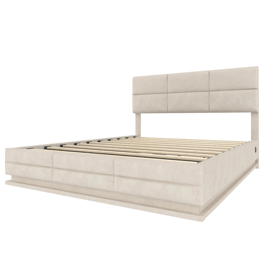 Letto 180x200 cm con contenitore idraulico, LED, USB e velluto beige