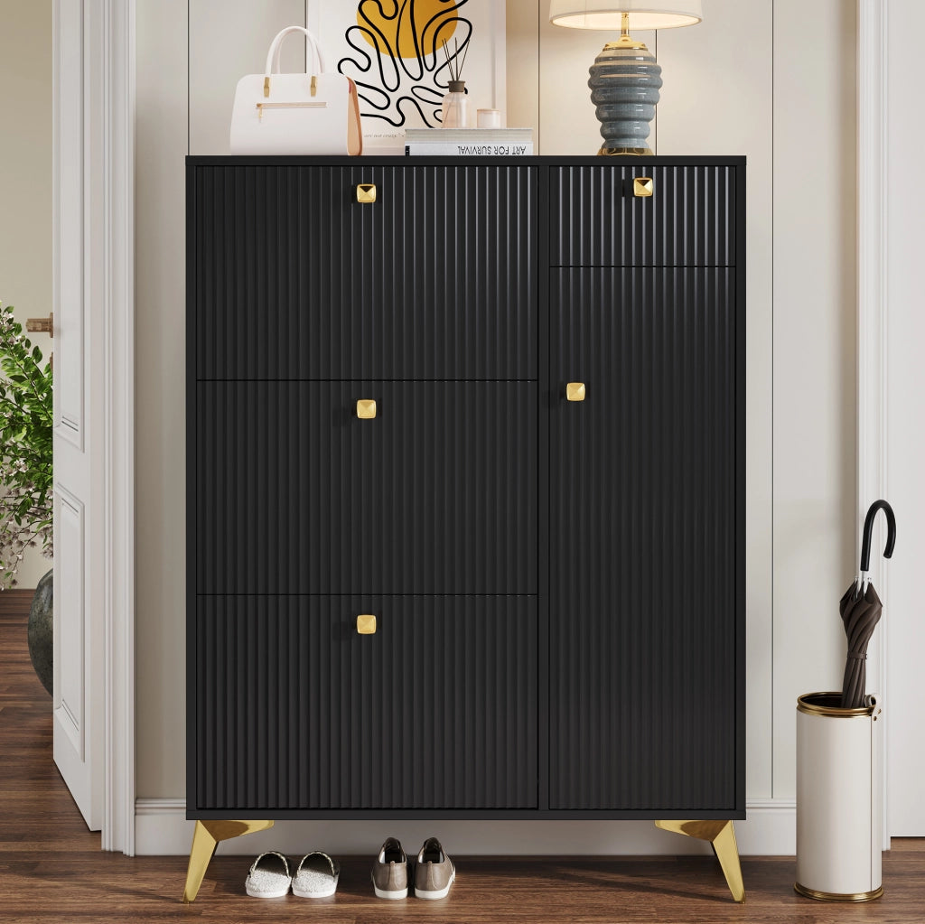 Scarpiera con 3 ante a ribalta; 1 cassetto e 1 anta; B90xP25xH121 cm; nero