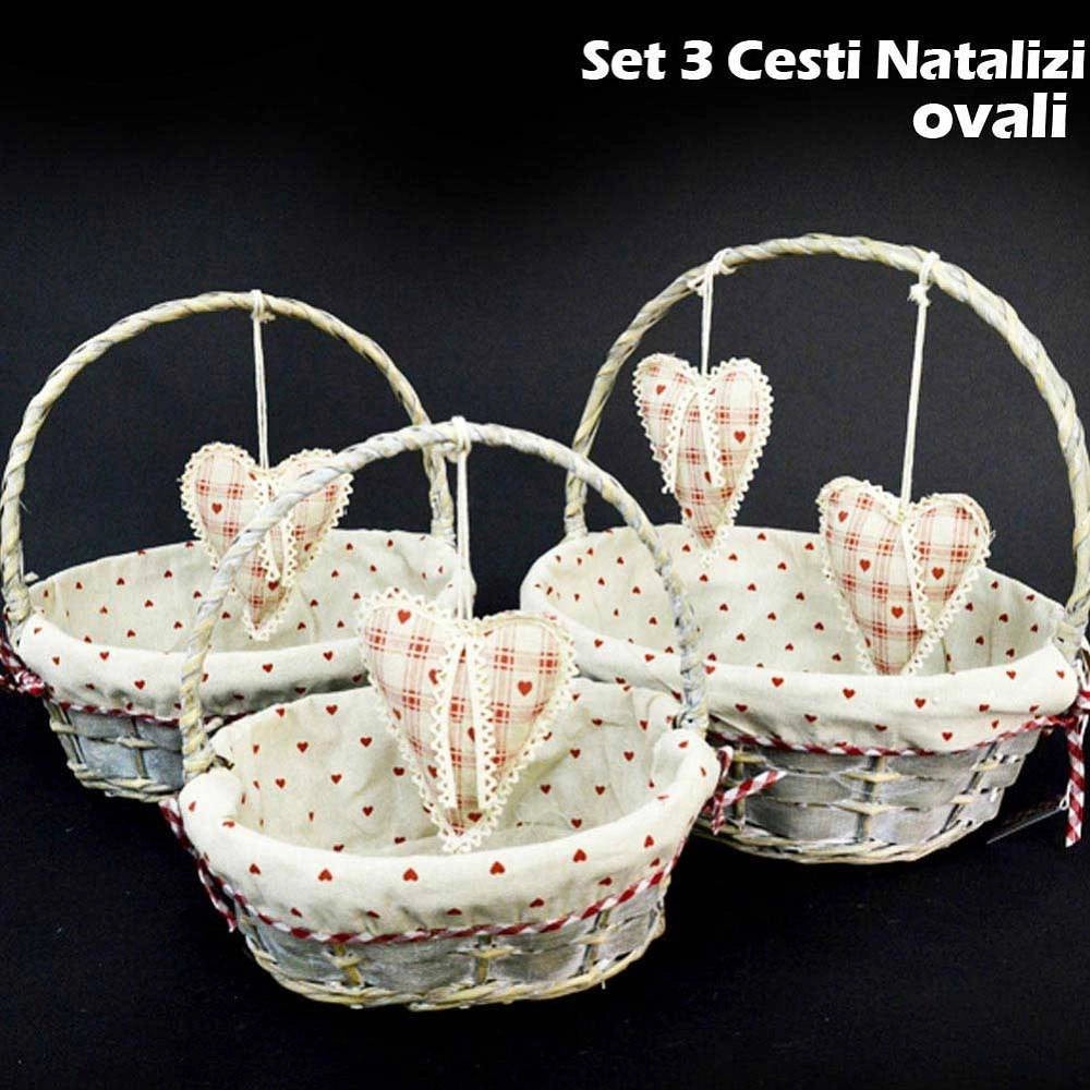 Trade Shop - Set 3 Cestini Natalizi Ovali In Vimini E Tessuto Diametro 39/34/29 Cm Grigio -