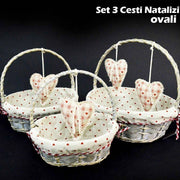 Trade Shop - Set 3 Cestini Natalizi Ovali In Vimini E Tessuto Diametro 39/34/29 Cm Grigio -