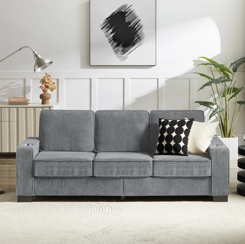 Divano 3 posti in tessuto corduroy grigio con portabicchieri; 206 x 72 x 86 cm