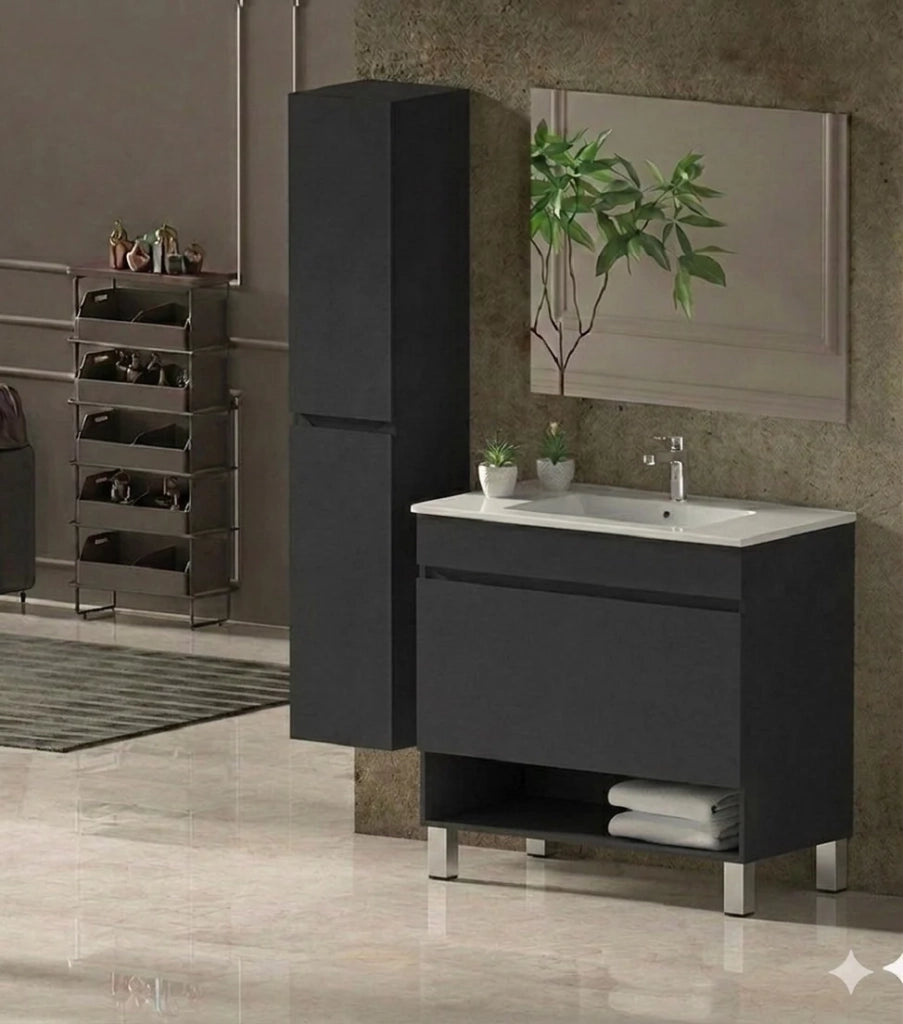 Mobile Bagno NEBARI com gambe Già Montato 1 cassetto, lavabo e specchio Grafite 70x45 cm con colonna