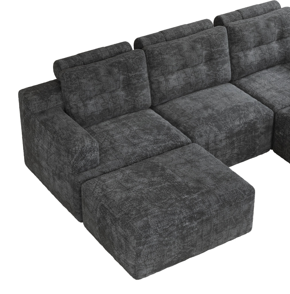 Divano modulare 5-6 posti in ciniglia grigio con pouf; 252x180x82 cm