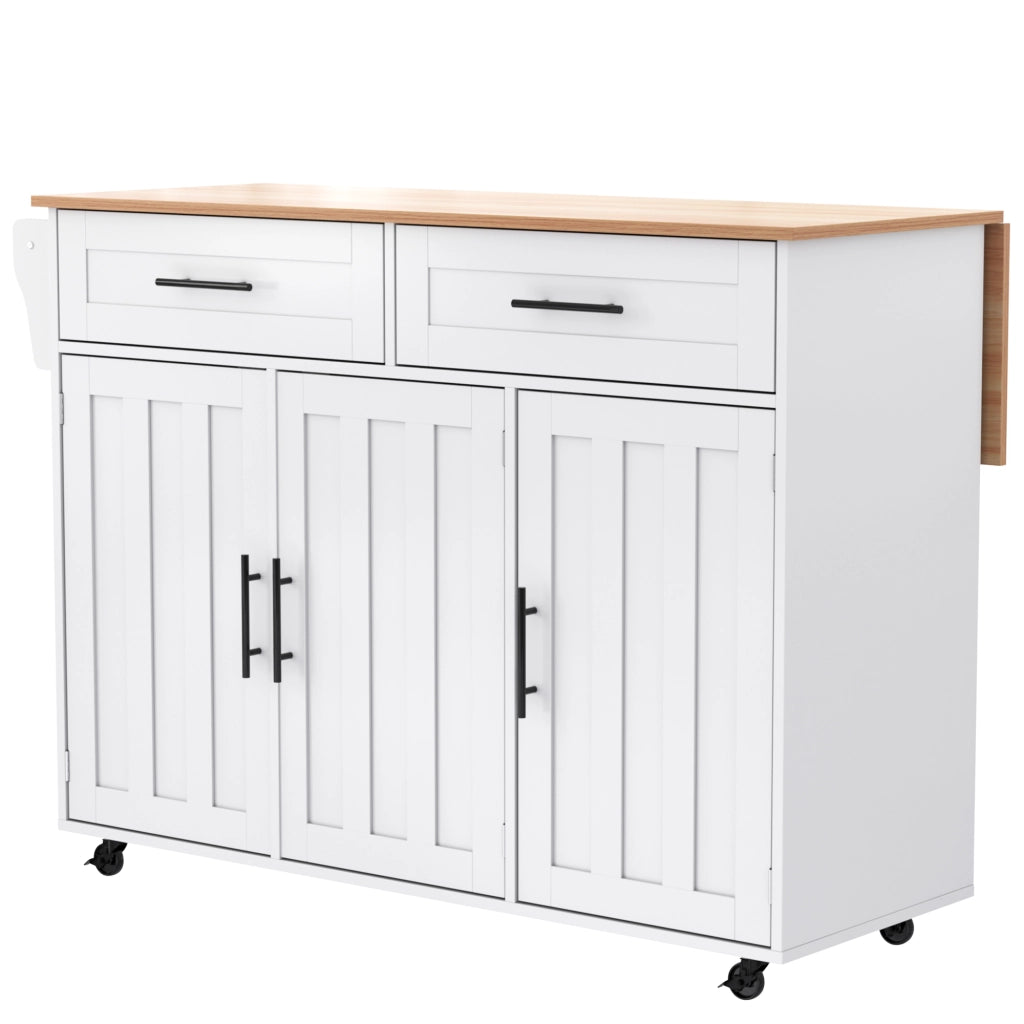 Isola da Cucina Mobile 129x46/71x91;5 cm Bianca con Piano Effetto Marmo; 2 Cassetti; Ripiani e Ruote