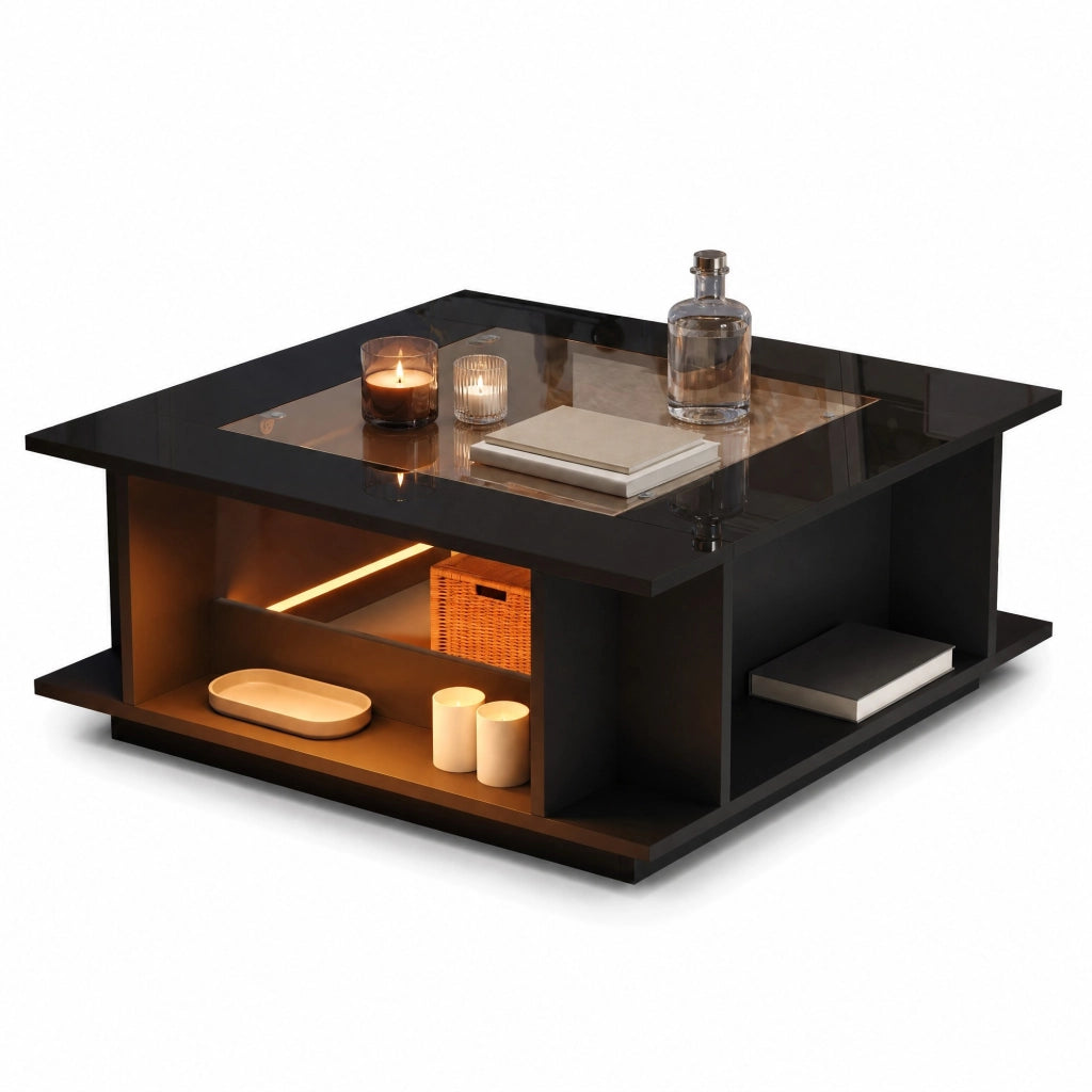 Tavolino da salotto quadrato 70x70x30 cm con piano in vetro, finitura lucida nera, LED e vano contenitore
