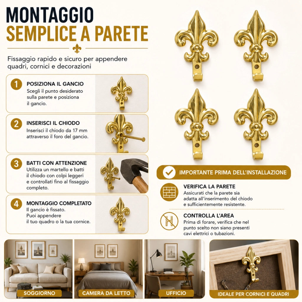 15 Ganci Dorati Quadri Giglio Fiorentino 3 cm con Chiodi 68241