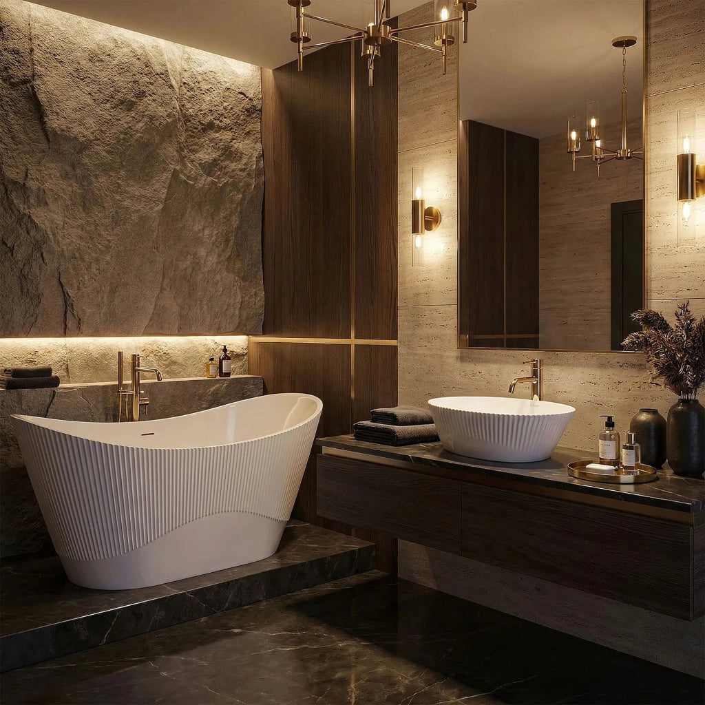 Vasca Da Bagno Freestanding In Acrilico Atena 170 Copritappo rame spazzolato