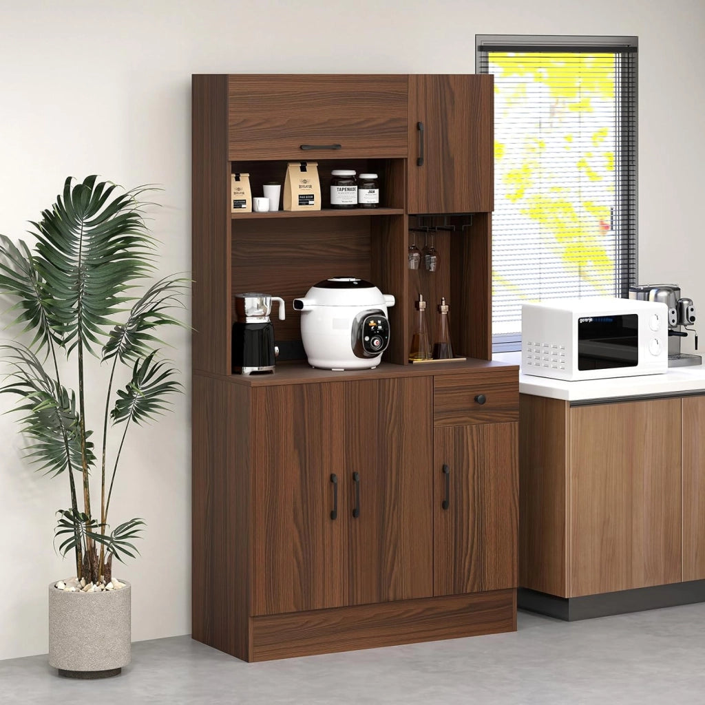 Armadio da Cucina da 167 cm, Mobile da Buffet con Stazione di Ricarica, Cassetto e Ripiani Regolabili, Armadio Buffet Autonomo per Sala da Pranzo, Noce/Nero (Noce)