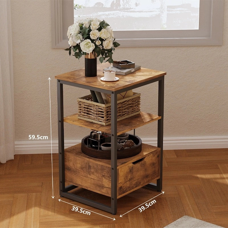 Comodino, tavolino da camera, cassettiera, stile loft marrone scuro, 2 ripiani, 80 cm