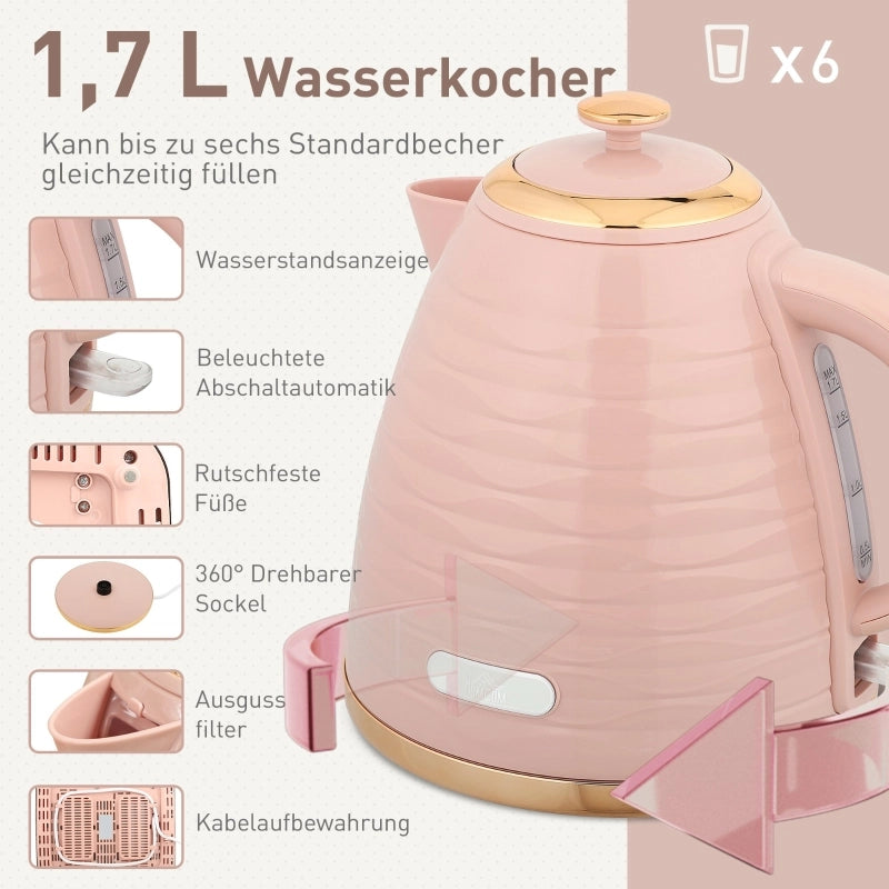 Set tostapane e bollitore 2 in 1, 7 livelli di doratura, funzione scongelamento e riscaldamento, rosa
