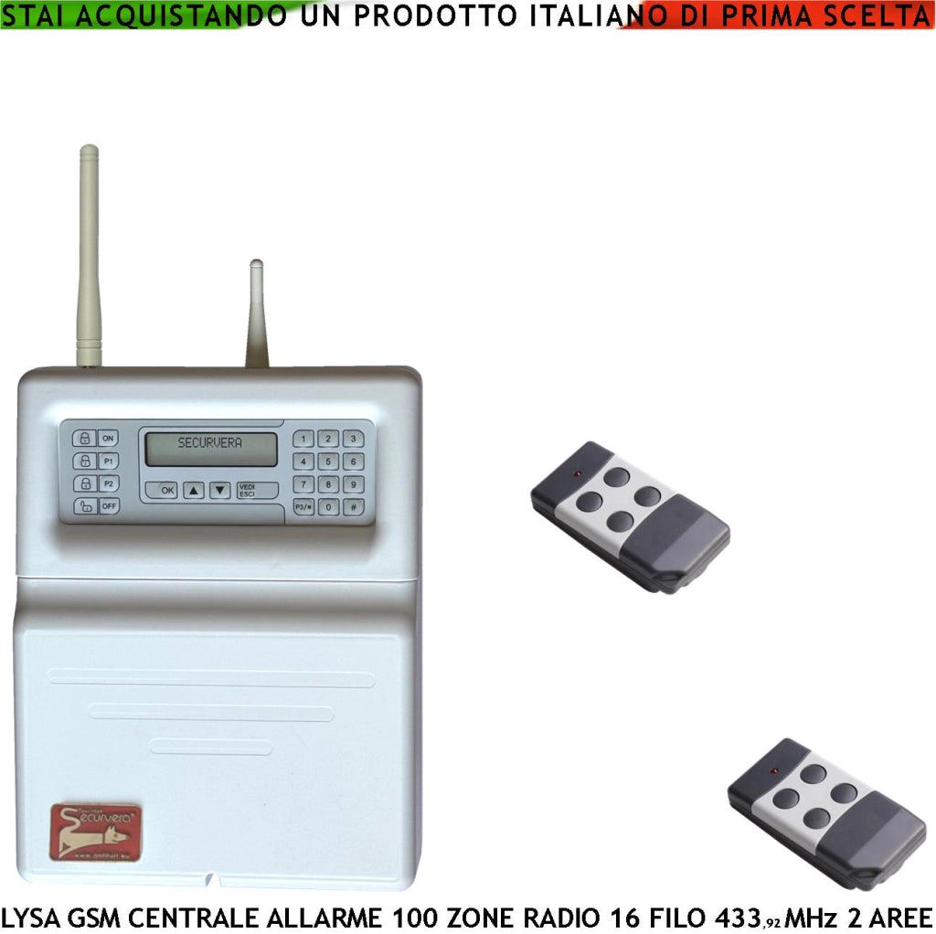 Centrale Allarme Radio Filo Lysa GSM Sydra 2 Radiocomandi 100 Zone Radio 433,92 MHz Supervisionate 16 Zone Filo 3 Aree Memoria Eventi App Android Codici Comando Utente e Tecnico GSM Ascolto Ambientale
