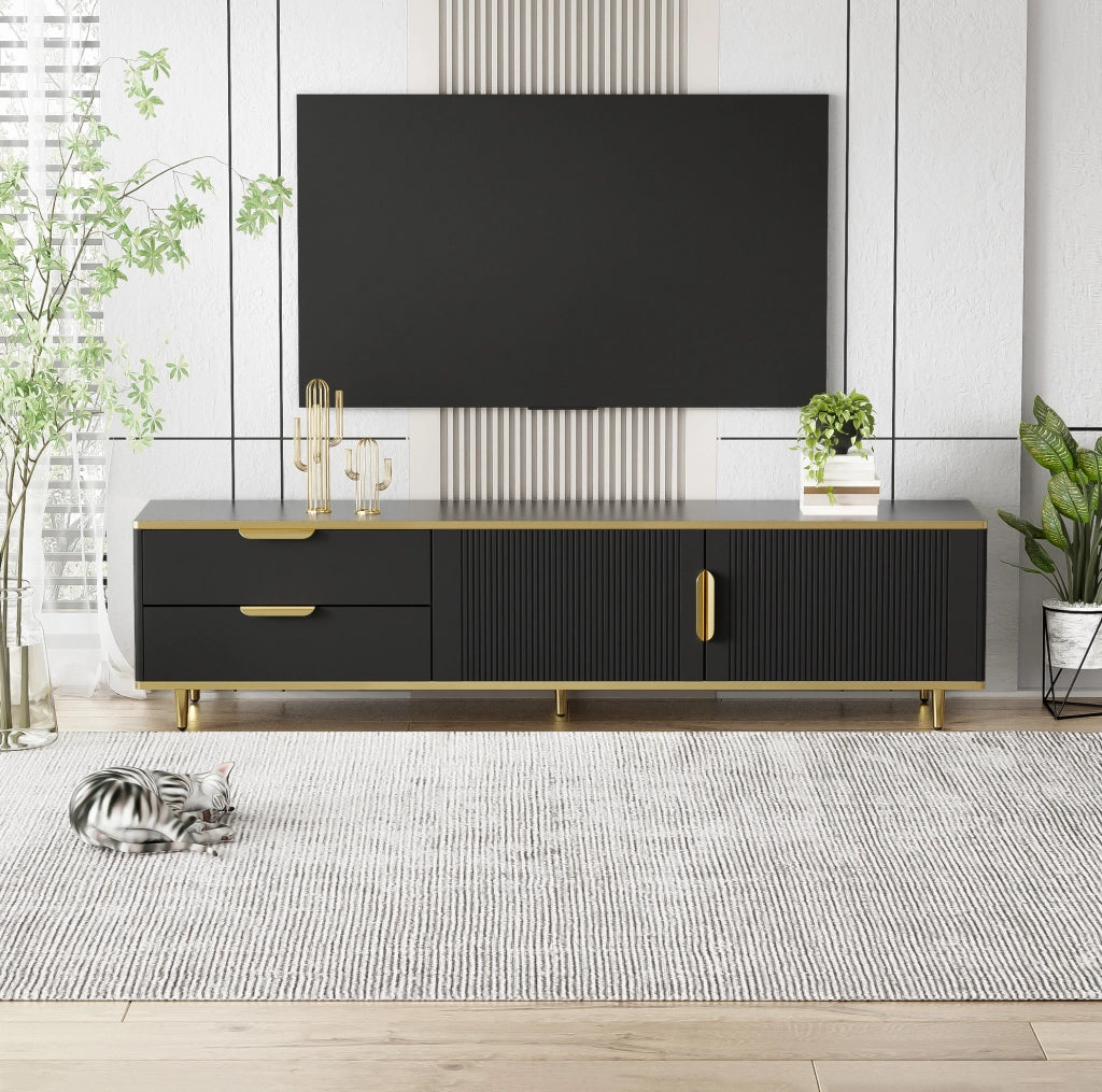 Mobile TV 170x45x37 cm con 2 cassetti e 2 ante in MDF e truciolare; nero e oro