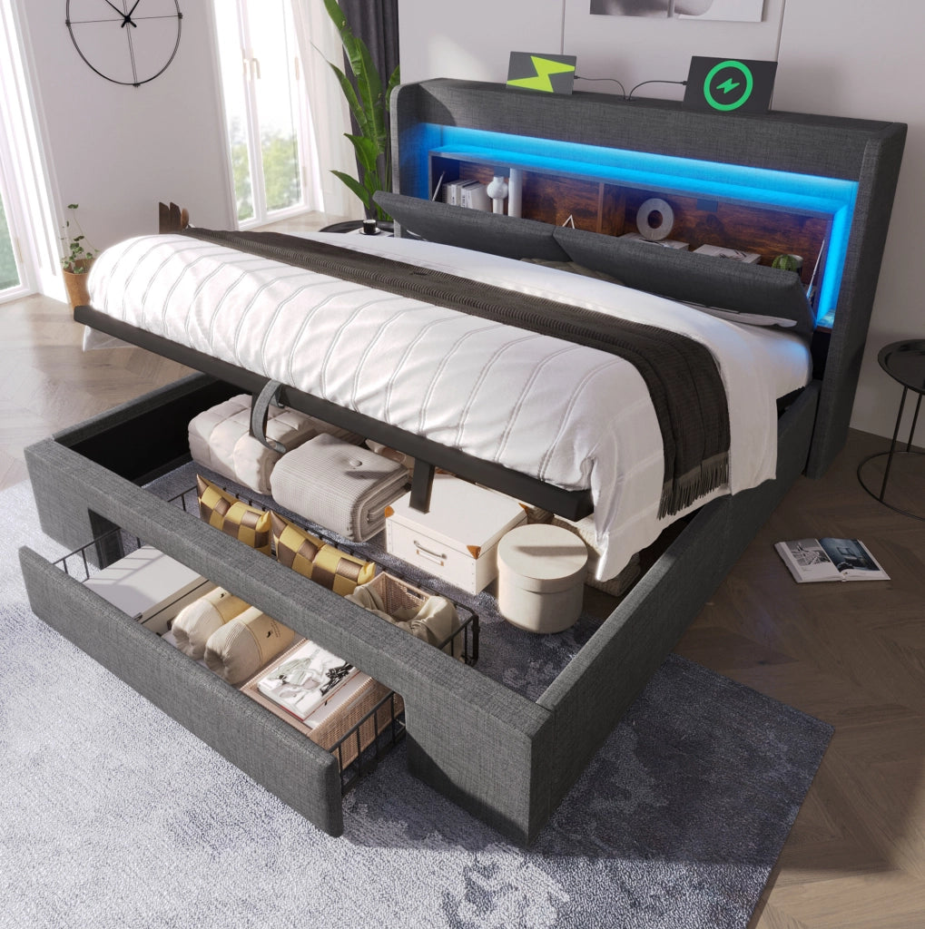 Letto imbottito 180x200 cm con contenitore idraulico; testiera con USB; USB-C e LED; grigio