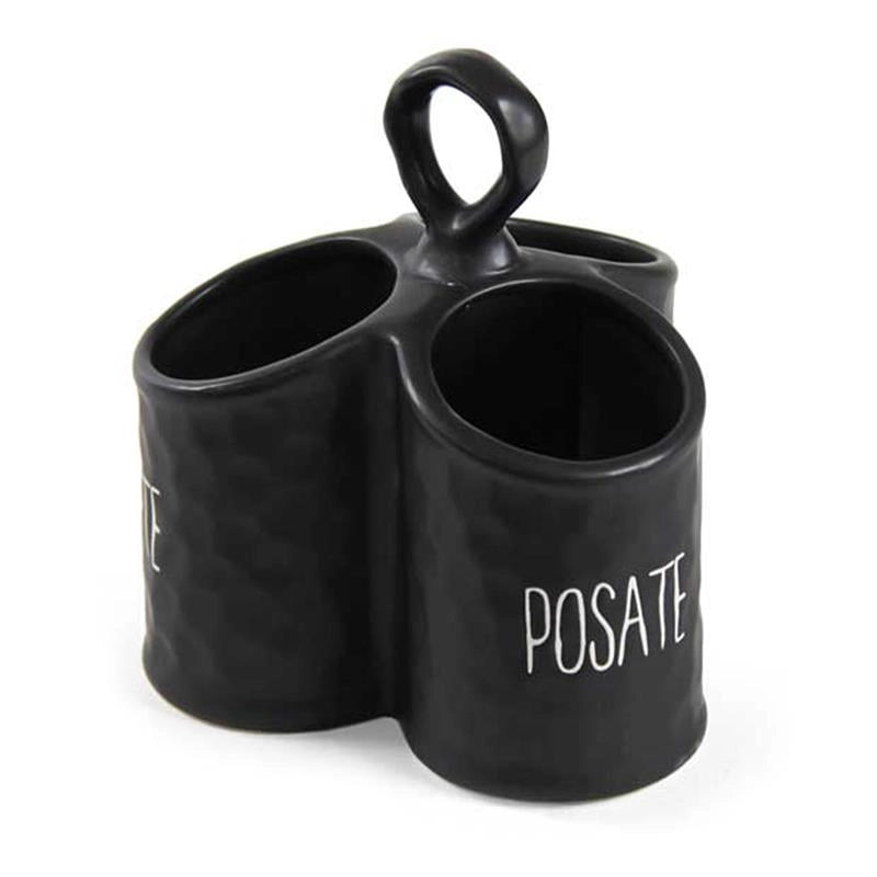 PORTA POSATE NERO MODELLO ONDULATO IN CERAMICA 17 X 18 CM