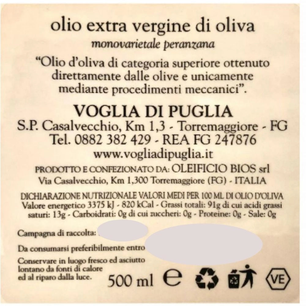 Olio di oliva extravergine peranzana pugliese 3 latte da litri 5 ognuno 100% italiano