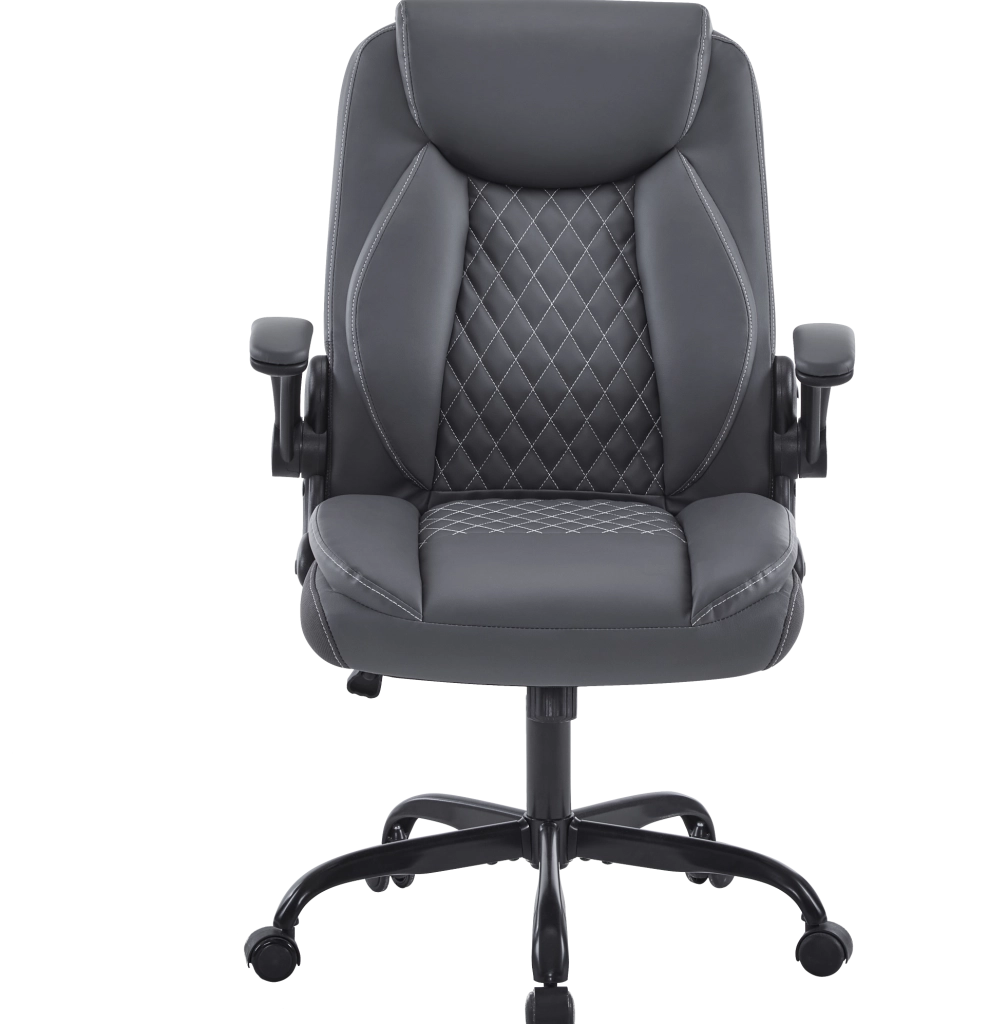 Poltrona ufficio ergonomica girevole grigia in pelle con braccioli ribaltabili e supporto lombare