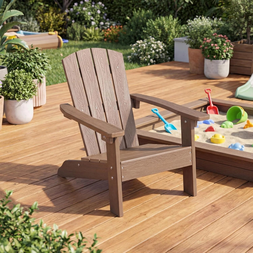 Sedia Adirondack per Bambini, Poltrona da Giardino in Plastica Resistente alle Intemperie con Schienale a Doghe Inclinato, Sedia Adirondack per Patio e Balcone, Portata 75 kg (Marrone)
